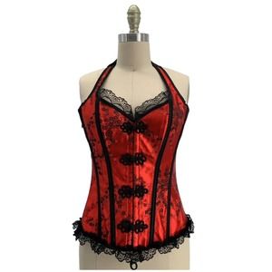 NWT BEDROOM STORIES Red Black Satin Floral Brocade Lace Up Back Corset Size XL
